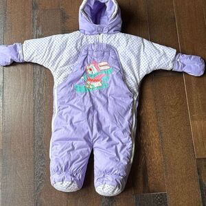 Vintage 80’s Alpine way baby girls puffer snowsuit size 12 mos purple bunny hood